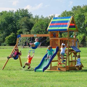 Beach Front Wooden Swing Set with Canopy Deck, Rock Wall & Monkey Bars