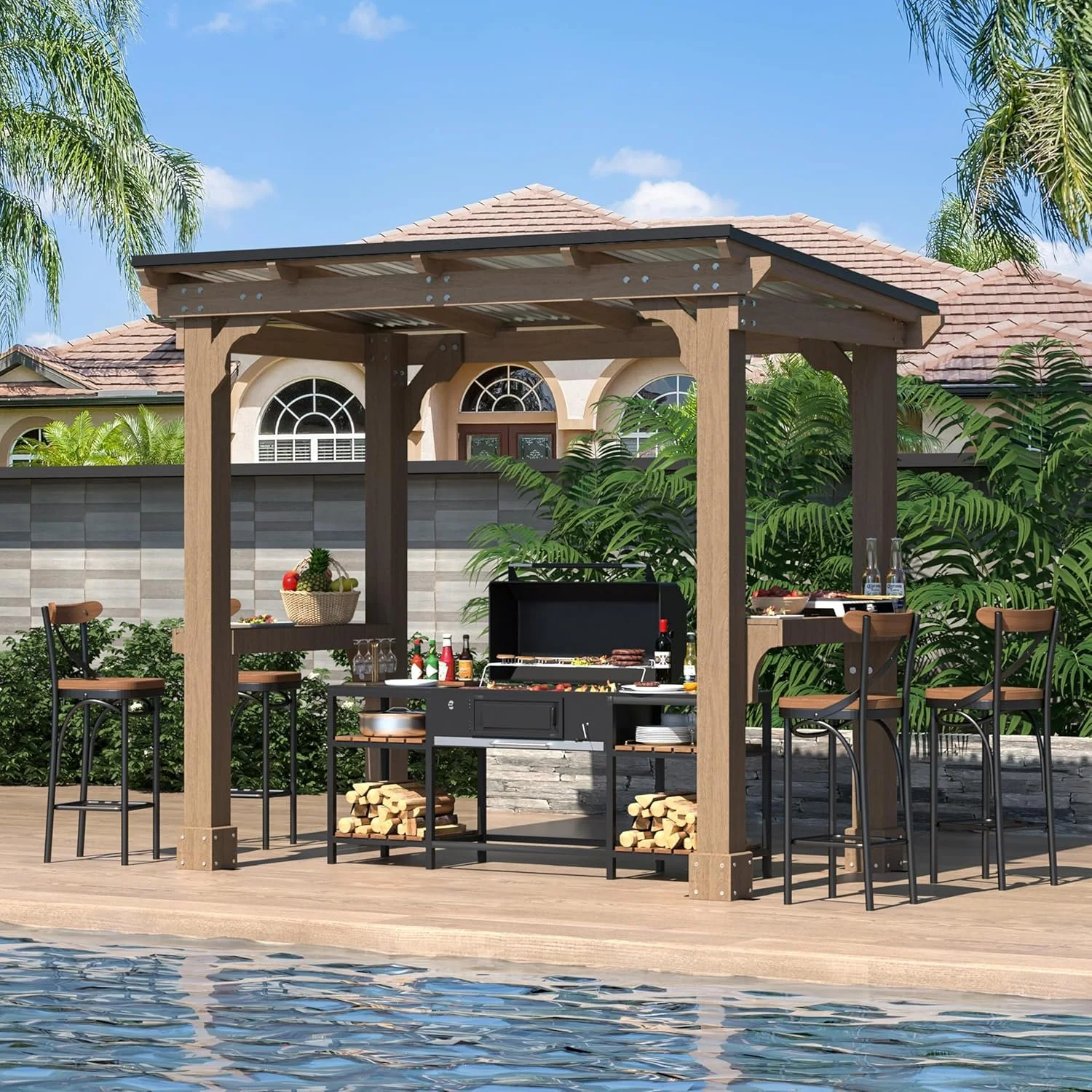 Veikous Wooden Grill Gazebo with Steel Roof
